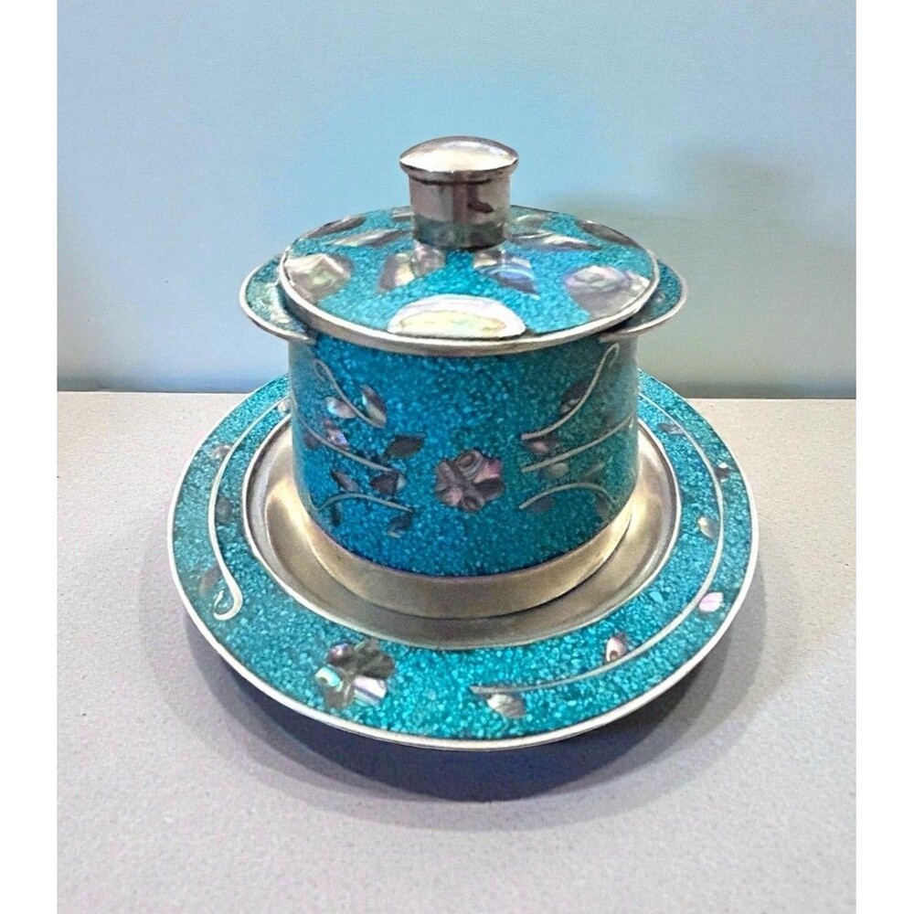 Vtg Silver Metal Lidded Jar W/ Plate Mother of Pearl Inlay & Crushed Turquoise